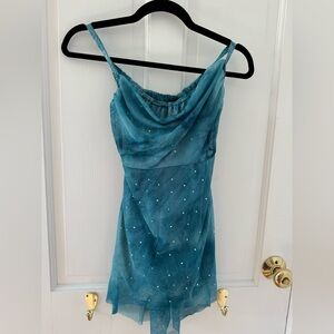 Y2K vibes Teal Spaghetti Strap romper with Rhinestones
